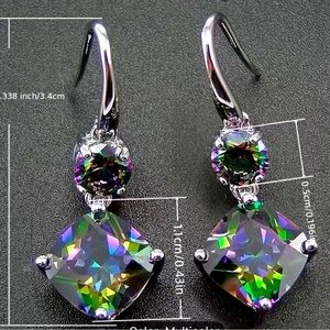 Purple green square and round crystal 925 ss earrings